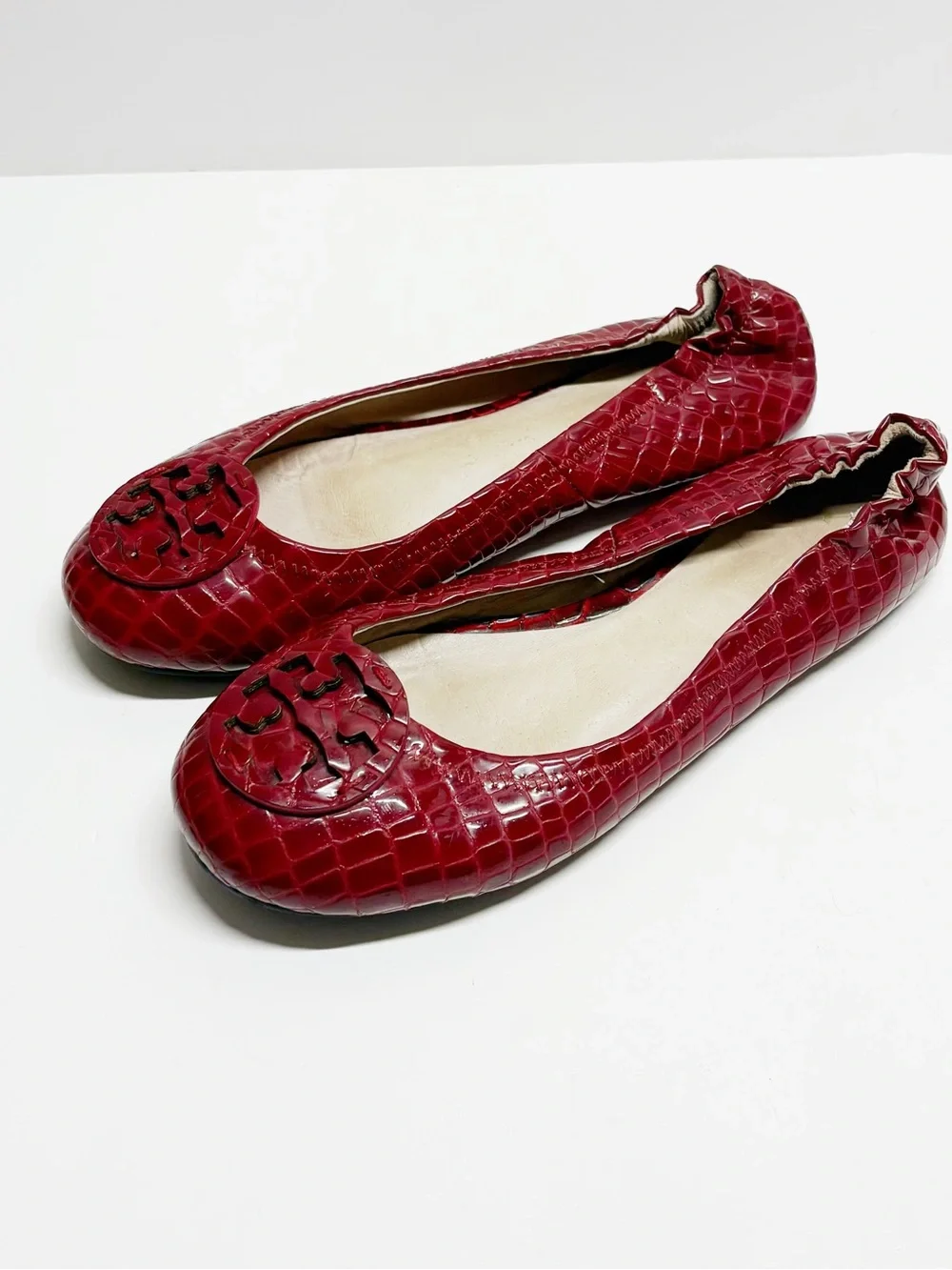 Tory Burch Burgundy Croc-Embossed Reva Ballet Flats